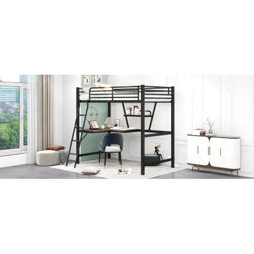 Twin Size Loft Metal&MDF Bed With Desk And Shelf, Black My Store