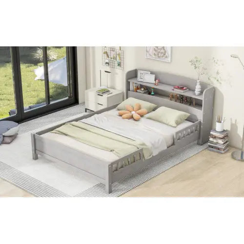 Wood Full Size Platform Bed With Built-in LED Light, Storage Headboard And Guardrail, Antique Grey My Store