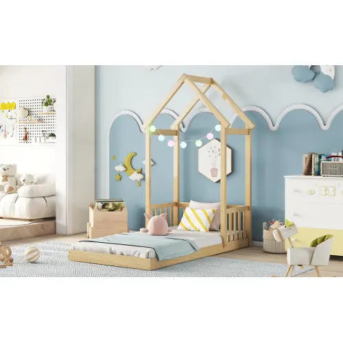 Twin House-shaped Roof Headboard Floor Bed,,without Slats,Natural My Store