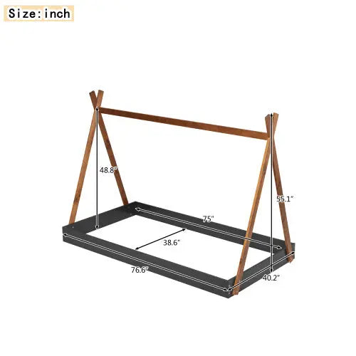 Twin Size Tent Floor Bed With Triangle Structure, Black Brown My Store