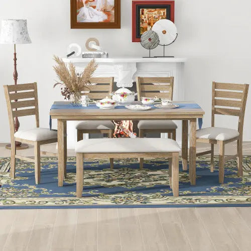6-piece Wooden Dining Table Set With Dining Table And Chairs With Benches My Store