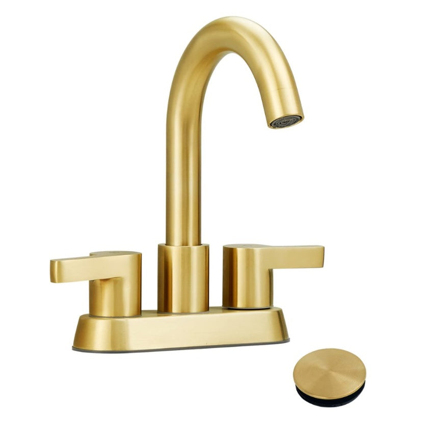 Brushed Gold Bathroom Faucet 4 Inch 2 Handle, Swivel Spout With Brass Drain My Store