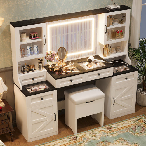 Farmhouse Vanity Desk With Mirror And LED Lights With 5 Drawers And 4 Cabinets And Cushion Stool Inkedjoy