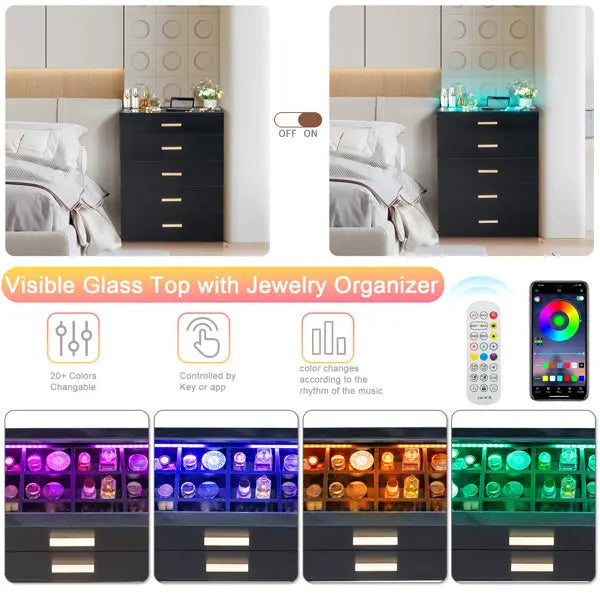 5-drawer Cabinet With Light Tempered Glass Cabinet And Bedside Table My Store