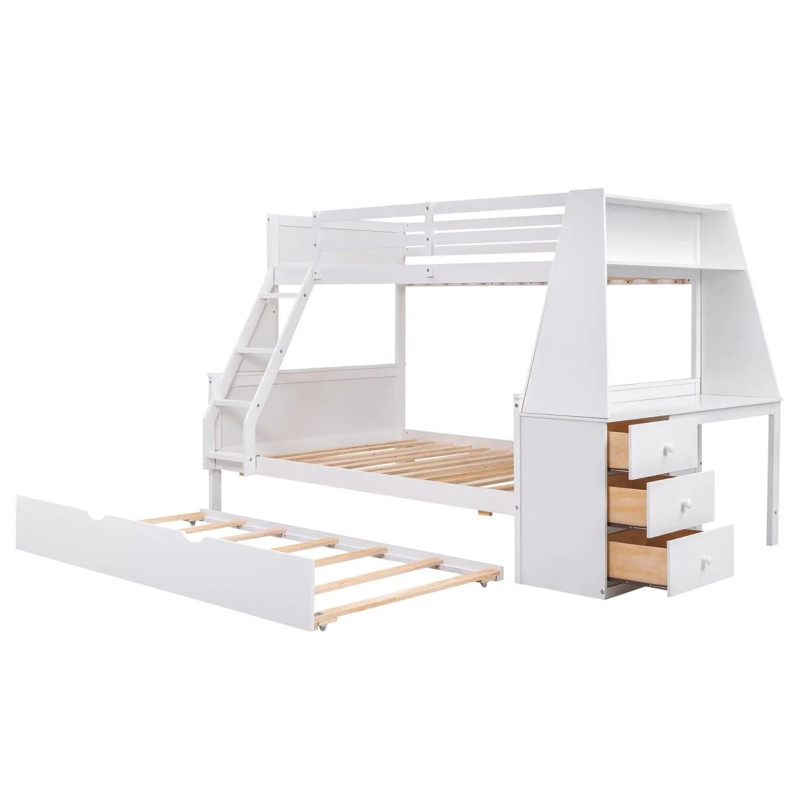 Twin Full Bunk Bed W  Trundle, Desk, 3 Drawers   Shelf - White My Store