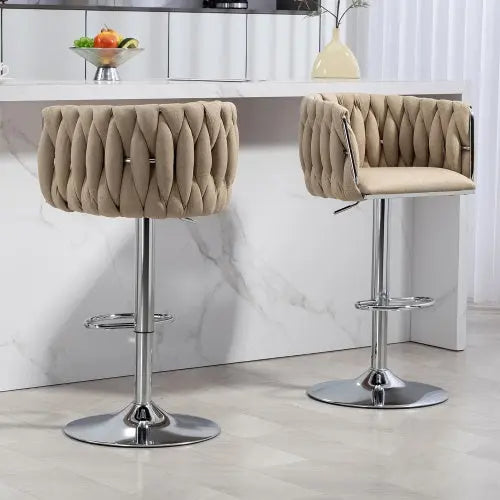 360 Fabric Cover Swivel Bar Stools Set Of 2, Adjustable Counter Height Bar Chairs With Woven Back & Footrest, Silver Chromed Bar Stools For Kitchen Island, Cafe, Pub My Store