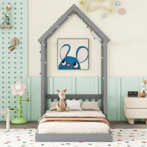 Twin House-shaped Roof Headboard Floor Bed,,without Slats,Grey My Store
