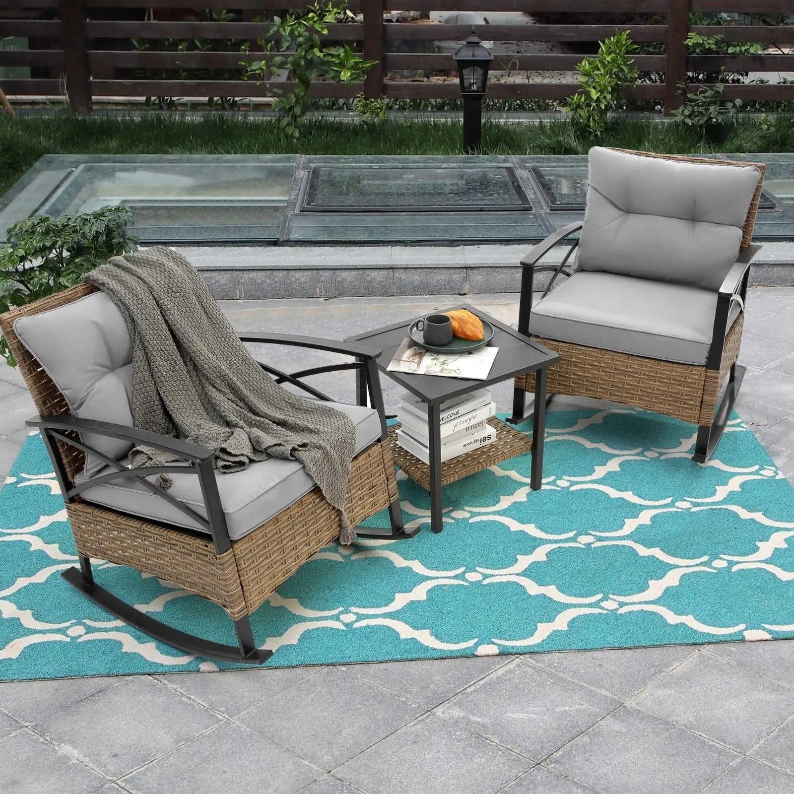 3pcs Rattan Rocking Chair Set Outdoor Leisure Grey My Store