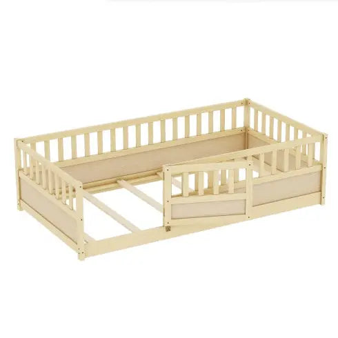 Twin Size Floor Bed, Integral Construction With Super High Security Barrier, Door, Children's Floor Bed Frame, Montessori Wooden Children's Floor Bed, Support Slat White My Store