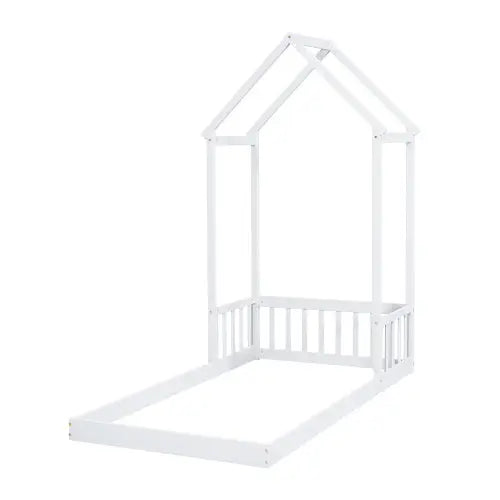 Twin House-shaped Roof Headboard Floor Bed,,without Slats,White My Store