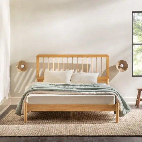 Mid-Century Modern Solid Wood Queen Spindle Bed Natural Pine My Store