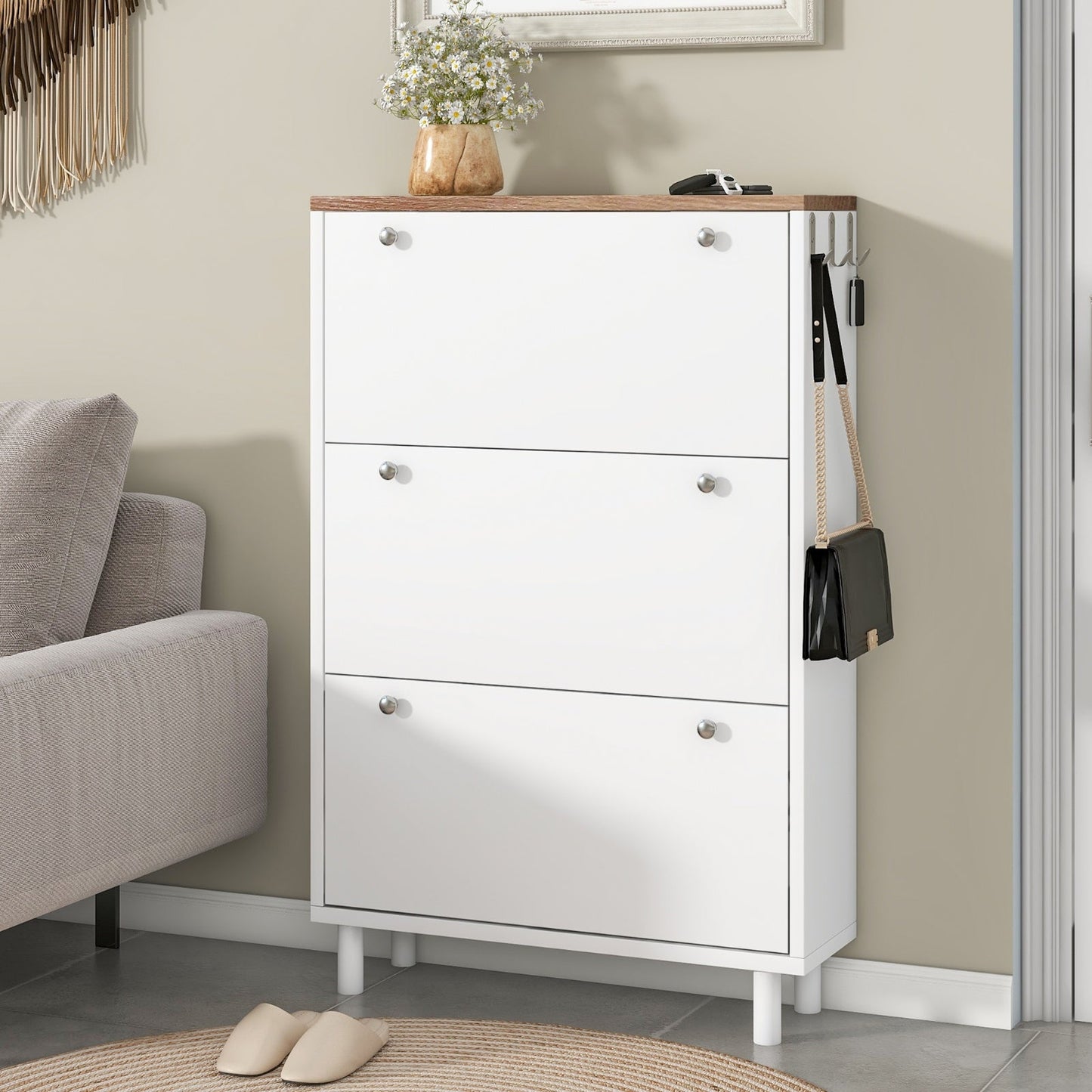 Narrow 3-Flip Drawer Shoe Cabinet Wood Grain Top Entryway Organizer Inkedjoy