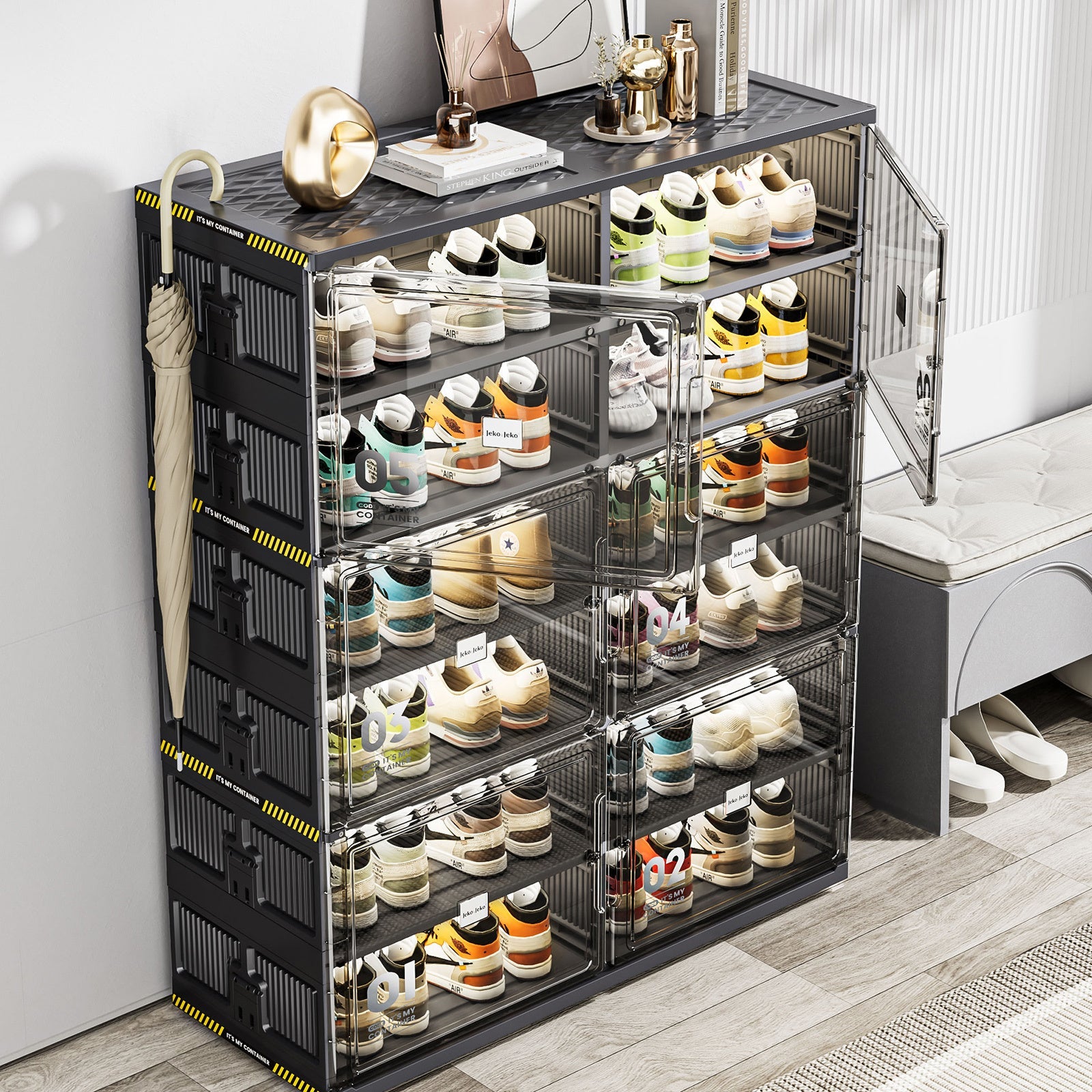 12 Grids Holds 24 Pairs Extra-Large Collapsible Shoe Storage With Magnetic Doors Inkedjoy