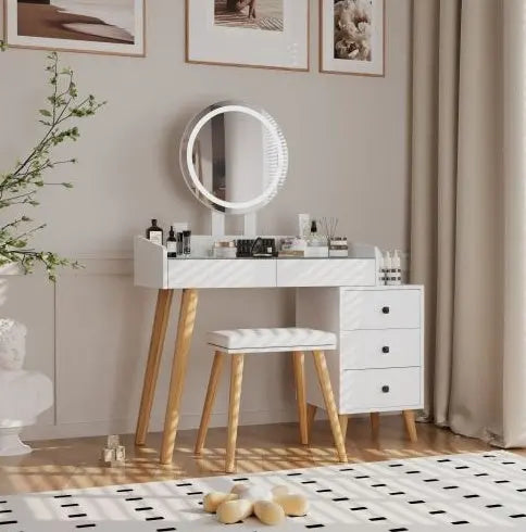 Dressing Table With LED Lights Glass Top 5 Drawers My Store