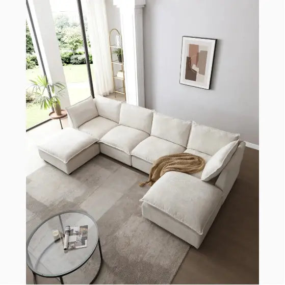 Sectional Sofa, Linen Fabric Set With Convertible Ottoman My Store