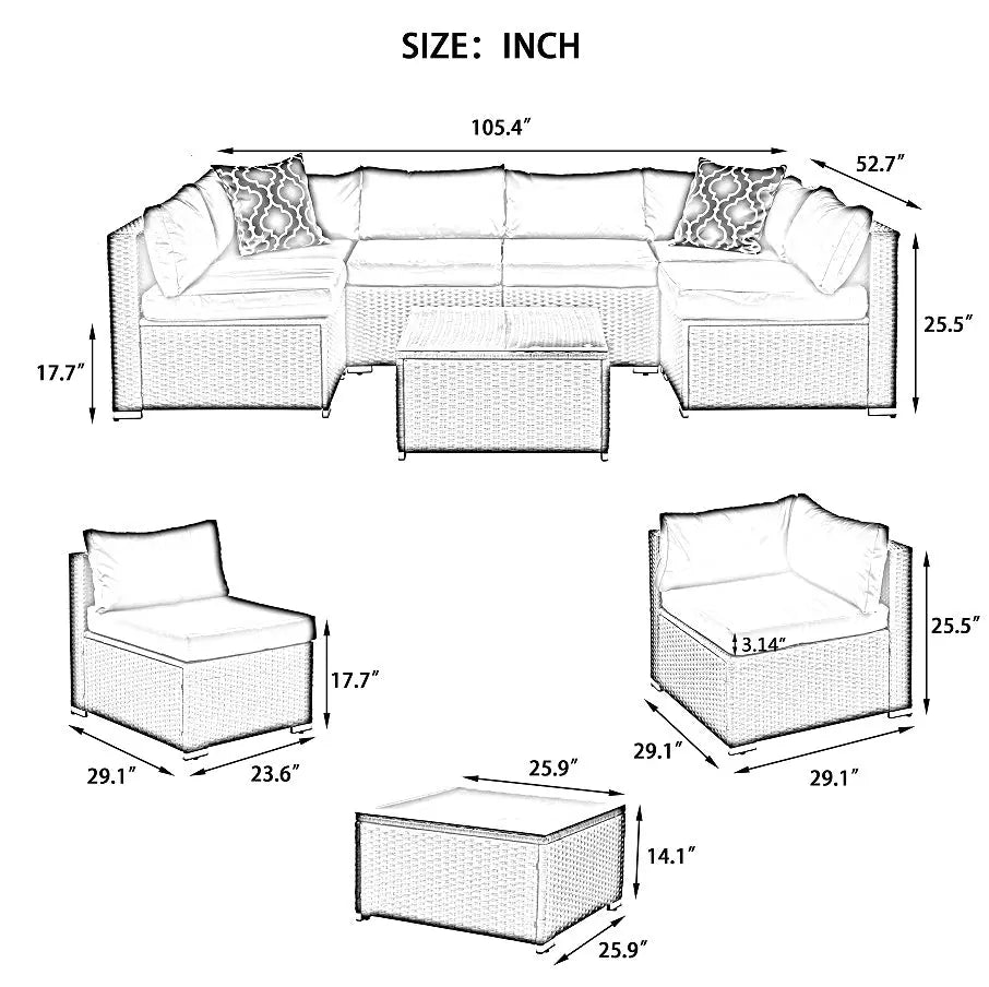 Patio Furniture, Outdoor Furniture, Seasonal PE Wicker Furniture, 7 Set Wicker Furniture With Tempered Glass Coffee Table My Store