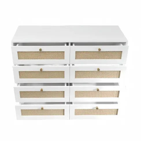 White Color 8 Drawers Chest With Rattan Drawer Face Golden Legs And Handles My Store