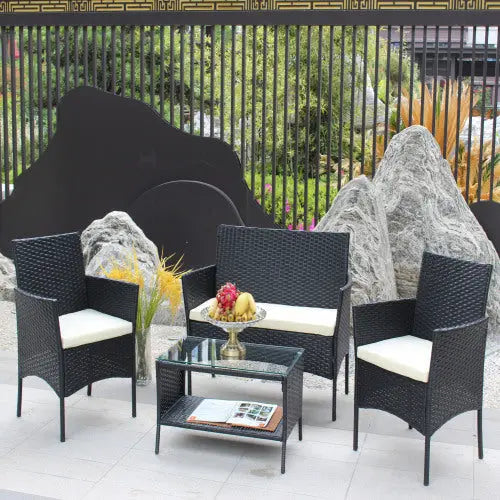 4 PC Rattan Patio Furniture Set Outdoor Patio Cushioned Seat Wicker Sofa Beige Cushion My Store