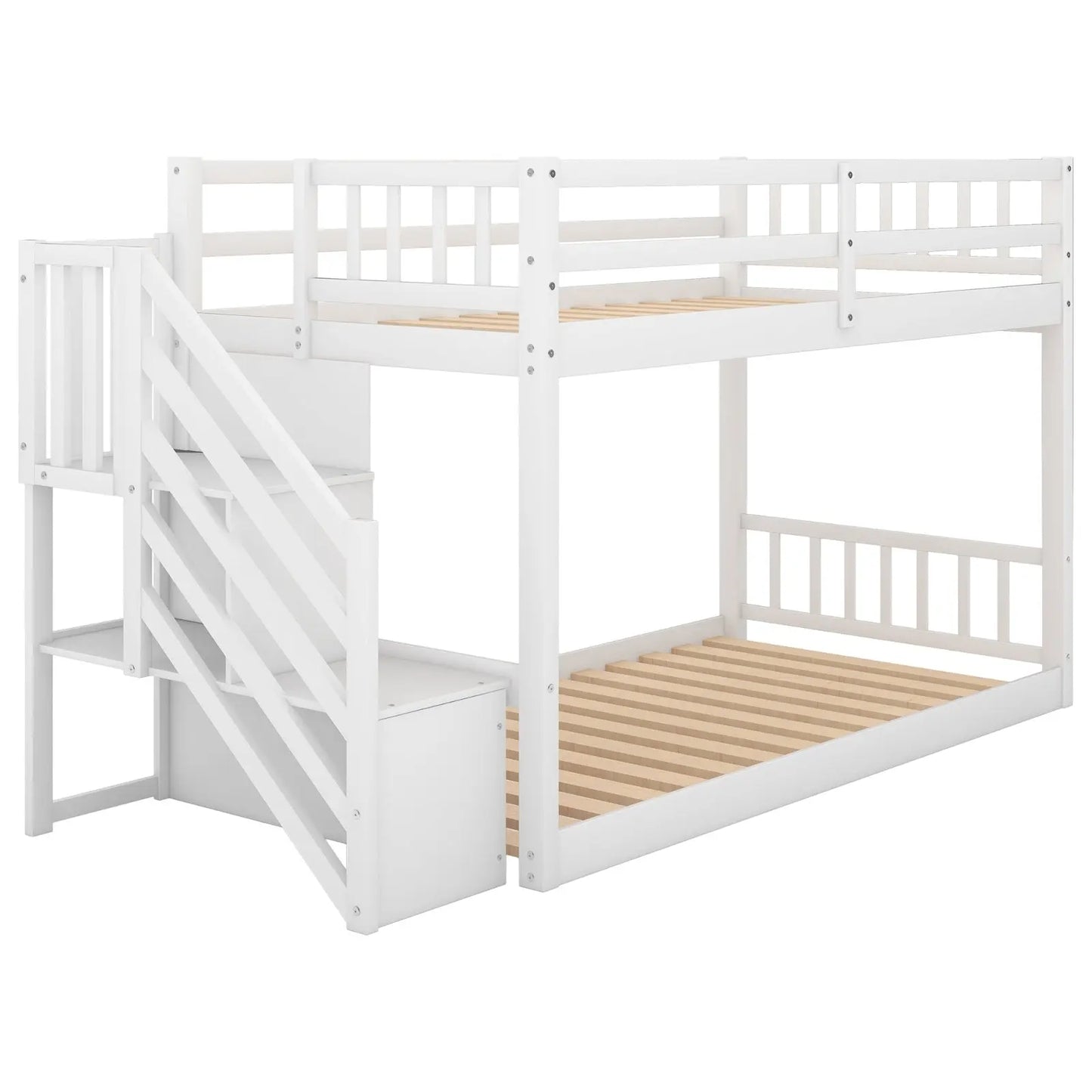 Twin Over Twin Floor Bunk Bed, Ladder With Storage, White My Store