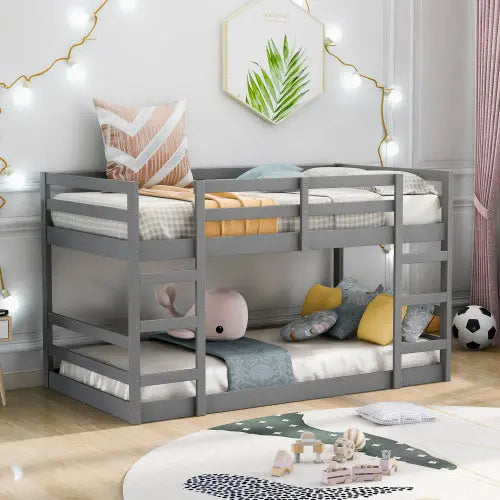Twin Over Twin Bunk Bed With Ladder, Gray My Store