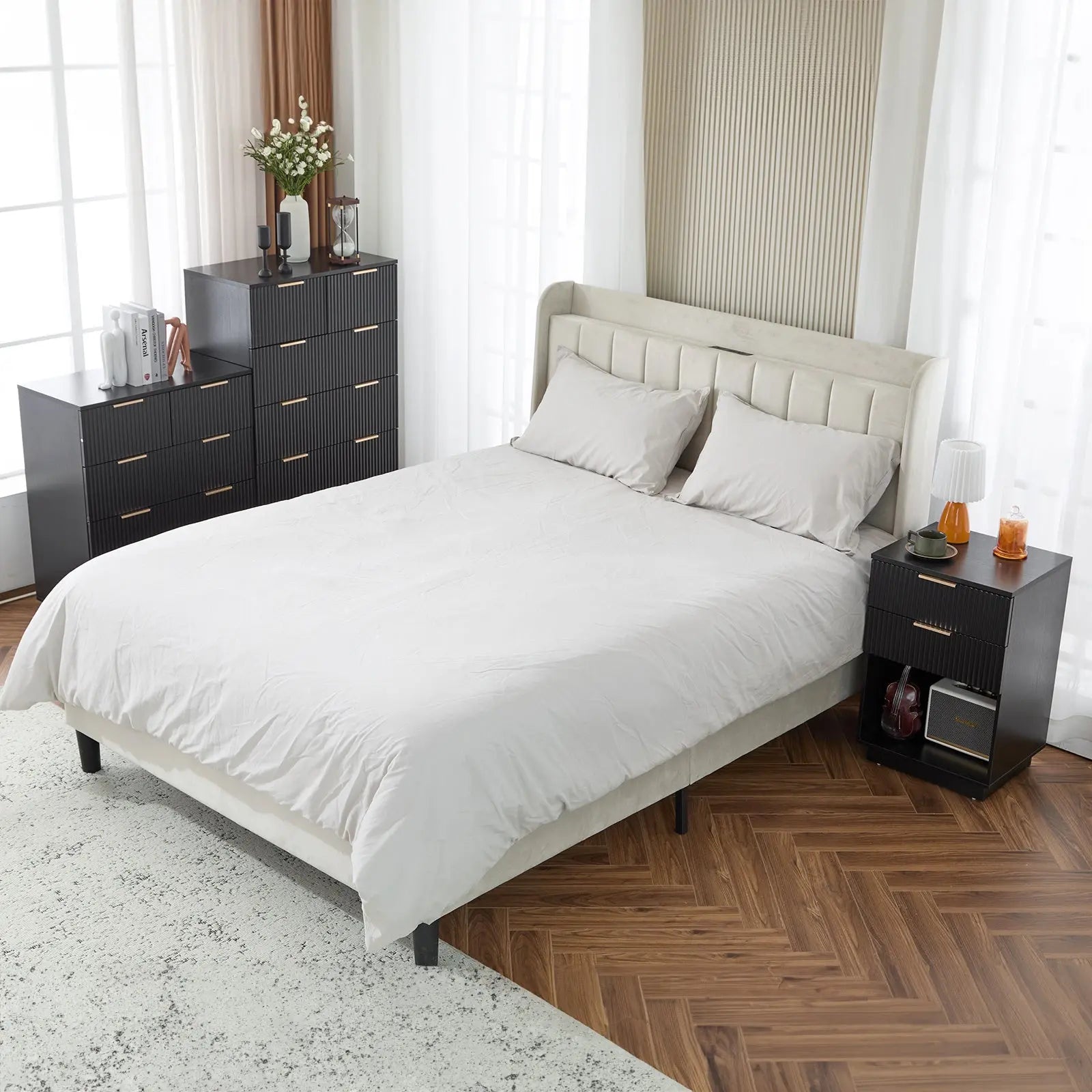 Black P2 Density Board, Wave Pattern Drawer Surface, 2 Drawer Bedside Cabinet 1pc My Store