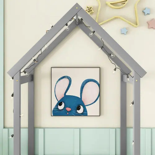 Twin House-shaped Roof Headboard Floor Bed,,without Slats,Grey My Store