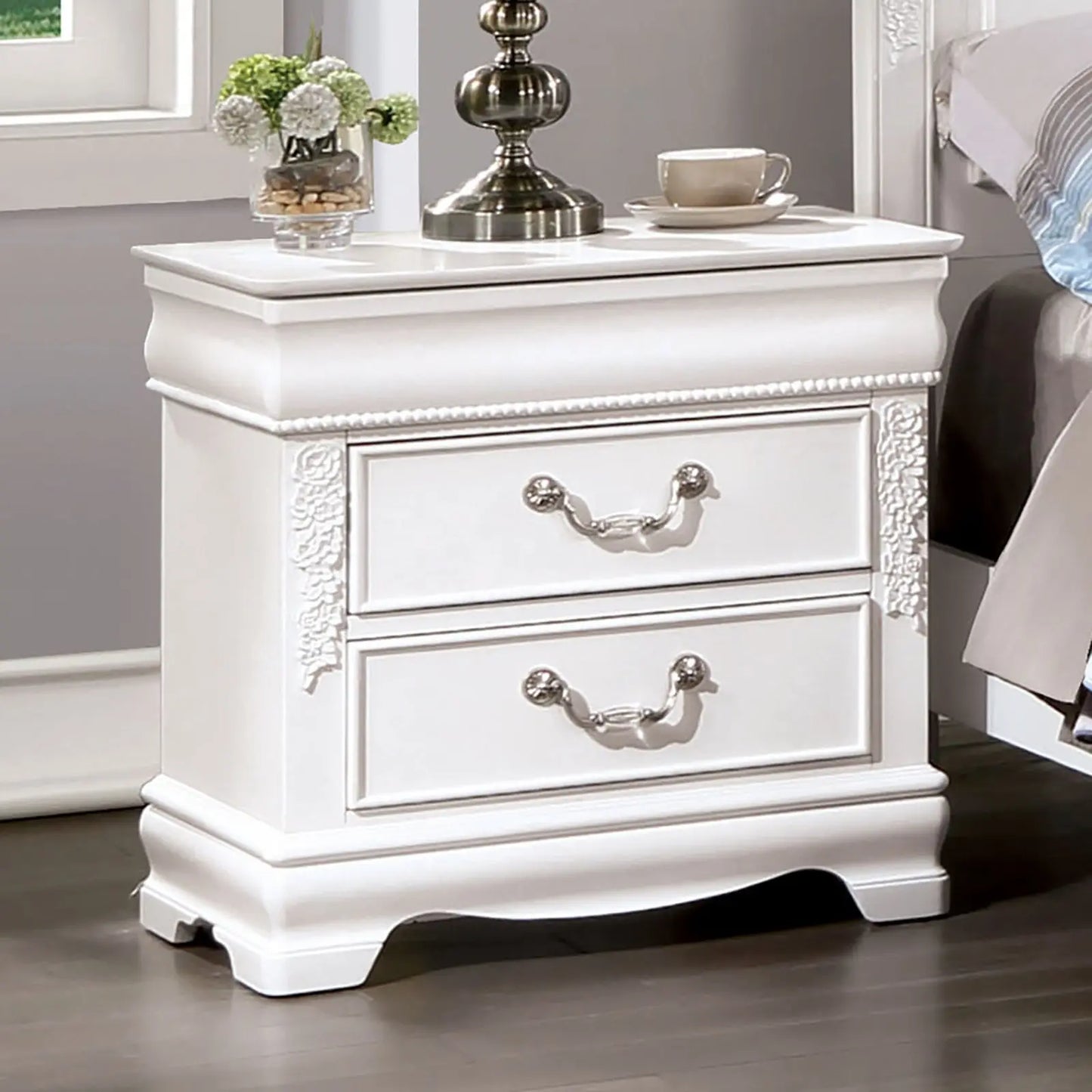 Classic White Color 1pc Nightstand Bedroom Furniture Solid Wood Nickel Hanging Pulls 2-Drawers Bedside Table My Store