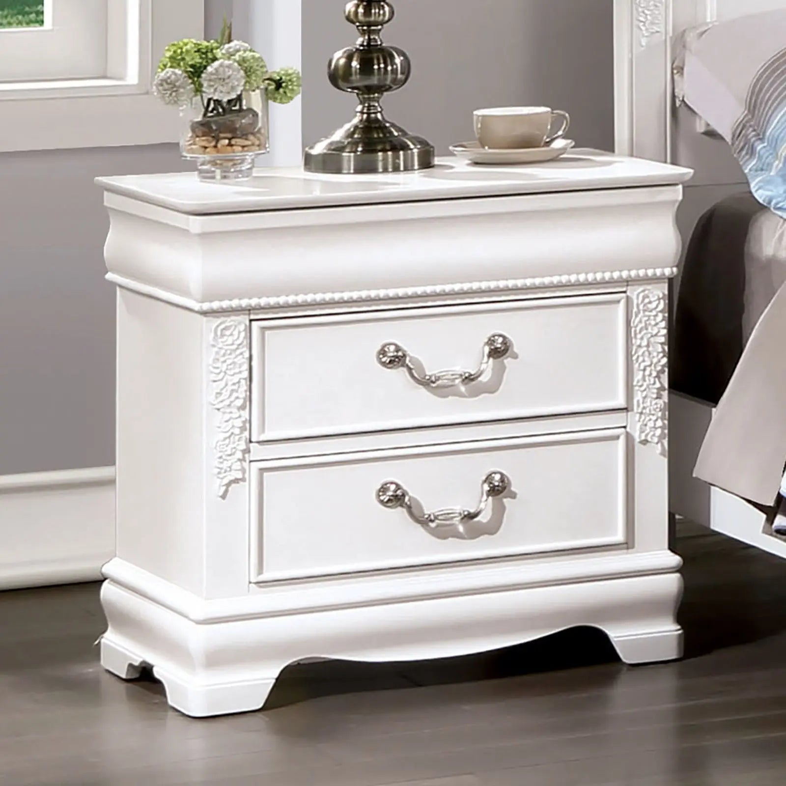 Classic White Color 1pc Nightstand Bedroom Furniture Solid Wood Nickel Hanging Pulls 2-Drawers Bedside Table My Store
