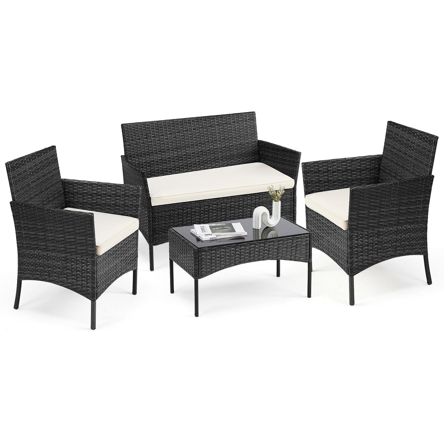 4 Pieces, Outdoor Furniture With Glass Table, Weaving Wicker Rattan Patio Chairs Inkedjoy