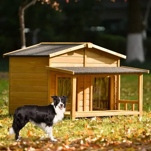 Large Wooden Dog House Outdoor Hut Style With Porch, 2 Doors My Store