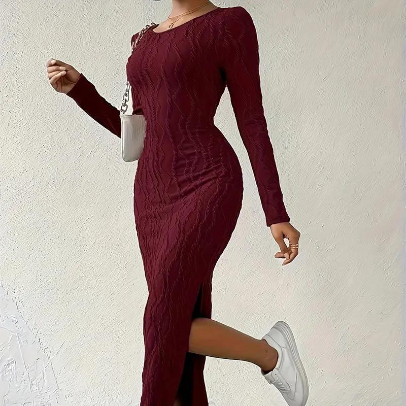 Women's Crew Neck Long Sleeve Ribbed Dress Side Slit Knit Bodycon Midi Dress Inkedjoy