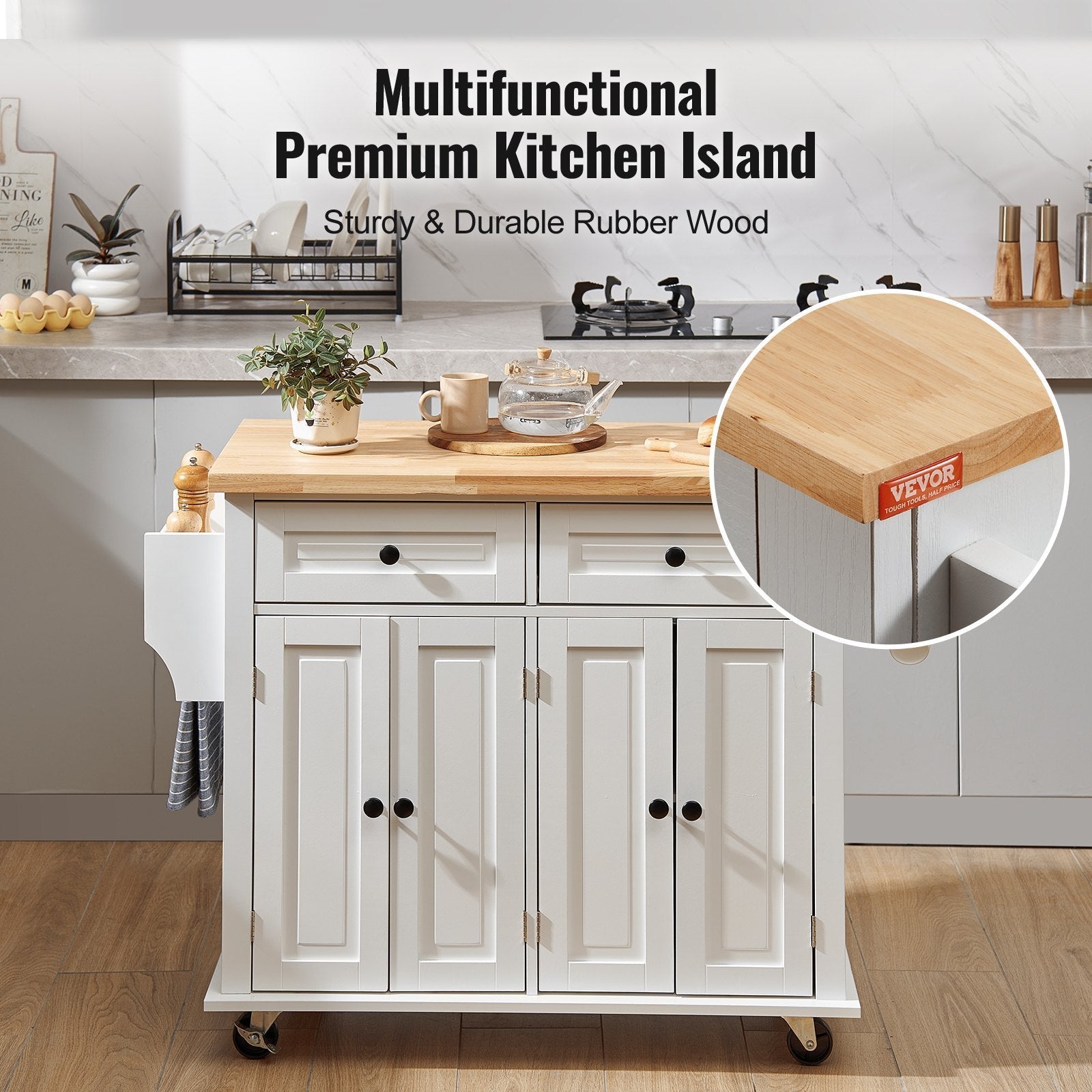 Kitchen Island Cart With Solid Wood On Wheels, White Inkedjoy