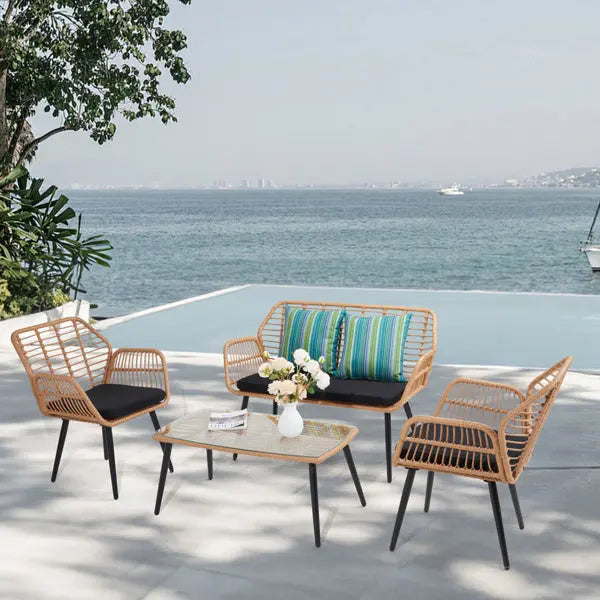 Yellow Round Rattan, Black Seat Cushion, Braided Rattan Four-piece Set My Store