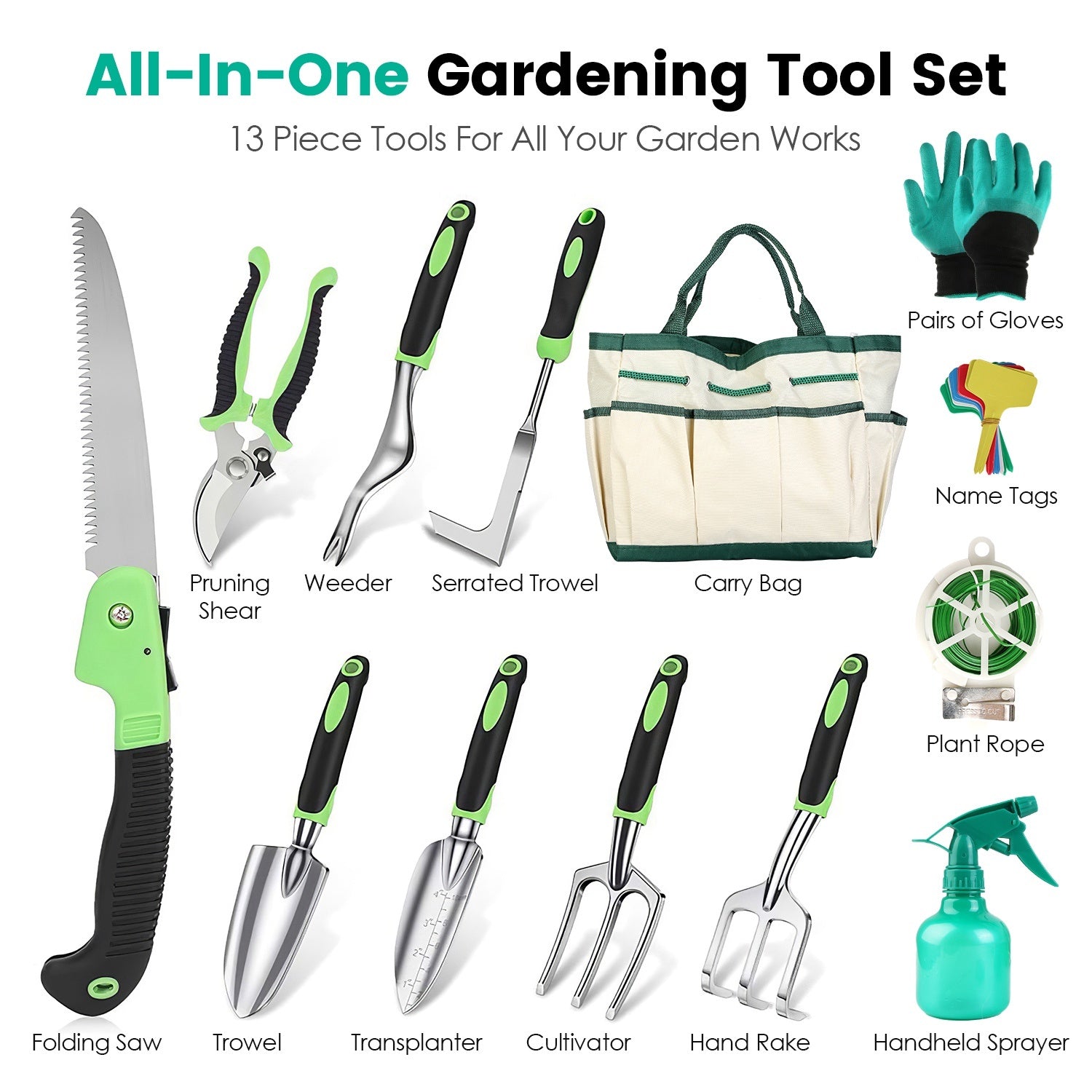 13Pcs Garden Tool Set Aluminum Alloy Gardening Hand Tools Starter Kit With Garden Bag Heavy Duty Inkedjoy
