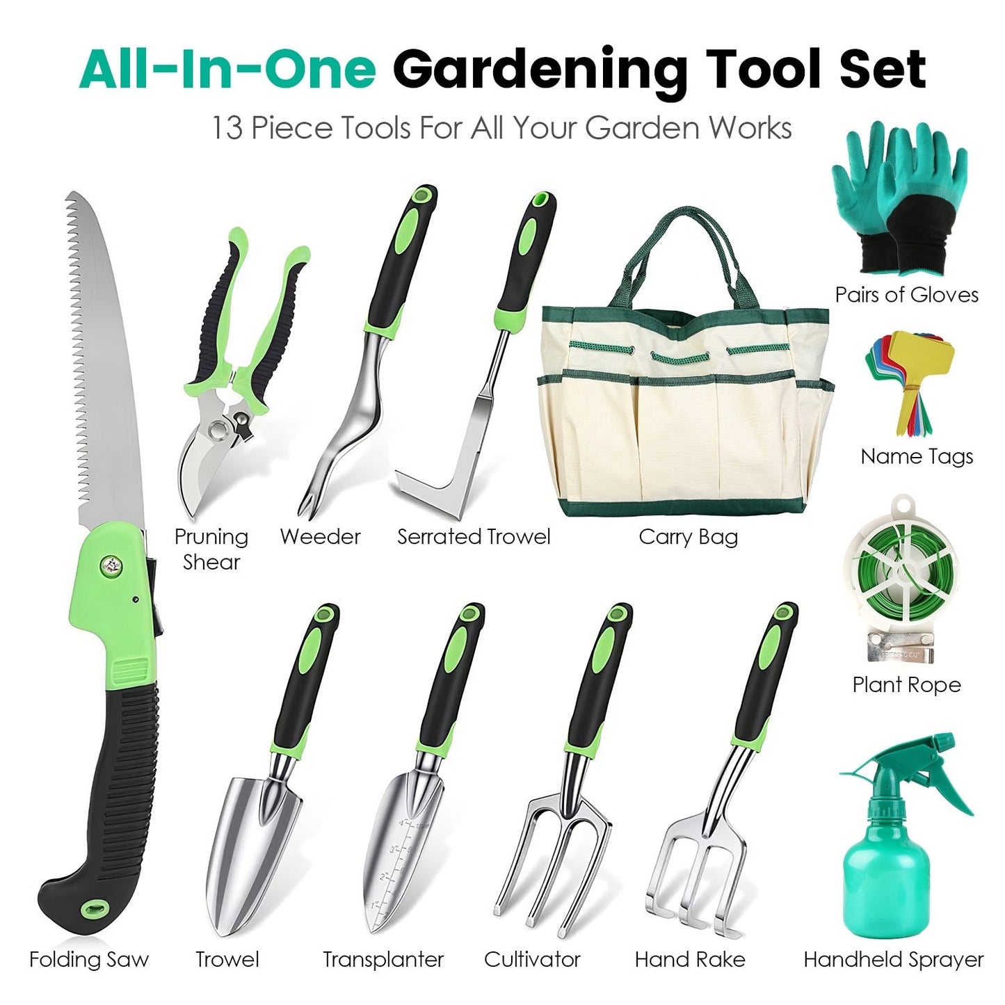 13Pcs Garden Tool Set Aluminum Alloy Gardening Hand Tools Starter Kit With Garden Bag Heavy Duty Inkedjoy