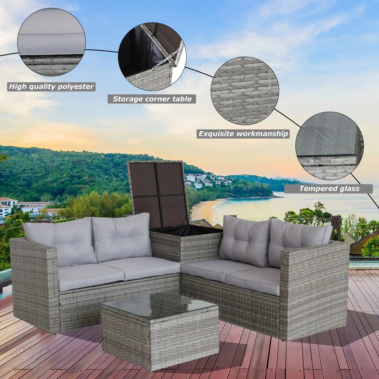 4Pc Patio Sectional Wicker Rattan Sofa Set W  Storage Box Grey My Store