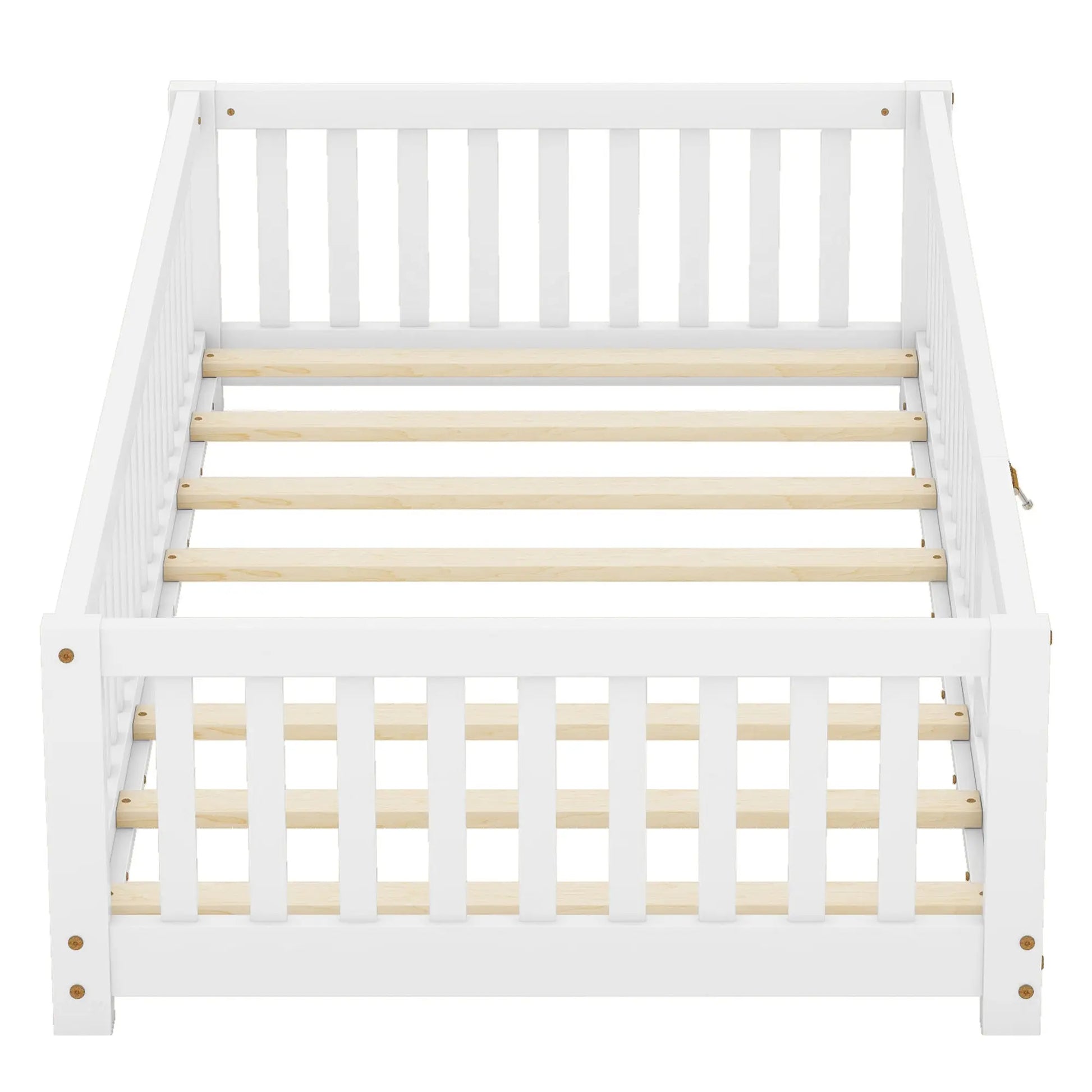 Twin Size Bed Floor Bed With Safety Guardrails And Door For Kids, White My Store