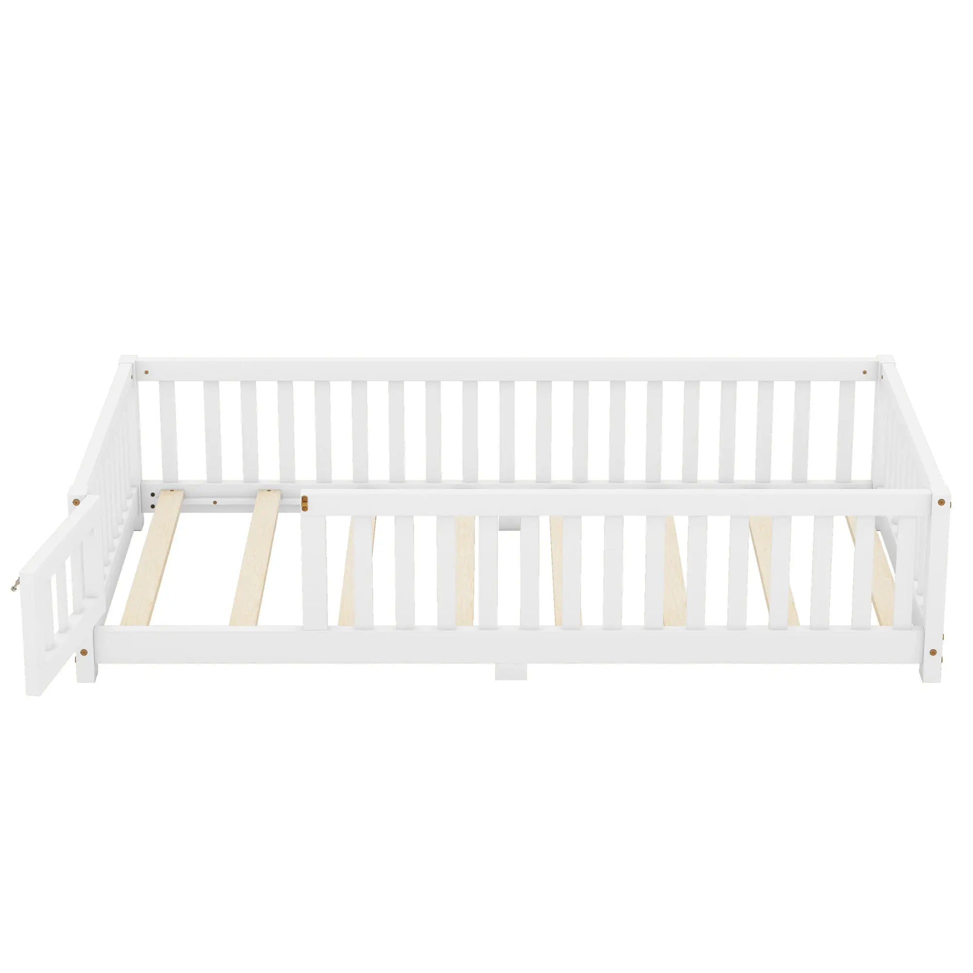 Twin Size Bed Floor Bed With Safety Guardrails And Door For Kids, White My Store