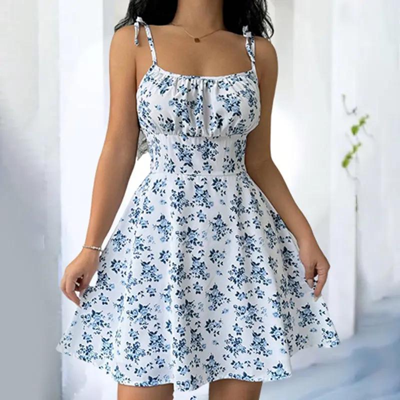 Womens Floral Mini Dress Spaghetti Strap Sleeveless Tie Shoulder Ruffle Summer Boho Dresses Inkedjoy