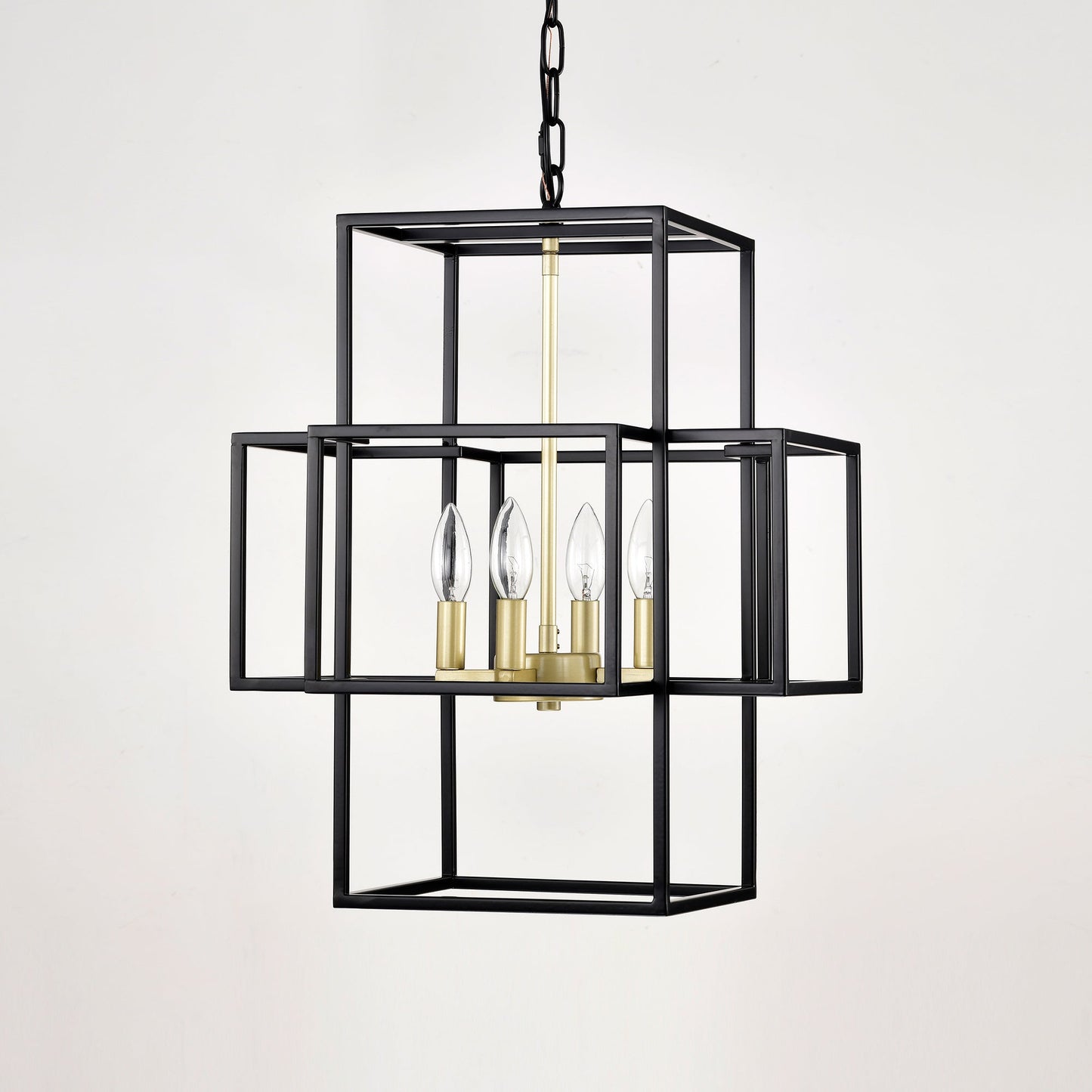 4-Light Metal Lantern Tiered Pendant Hanging Light Fixtures -Matte Black & Gold Inkedjoy