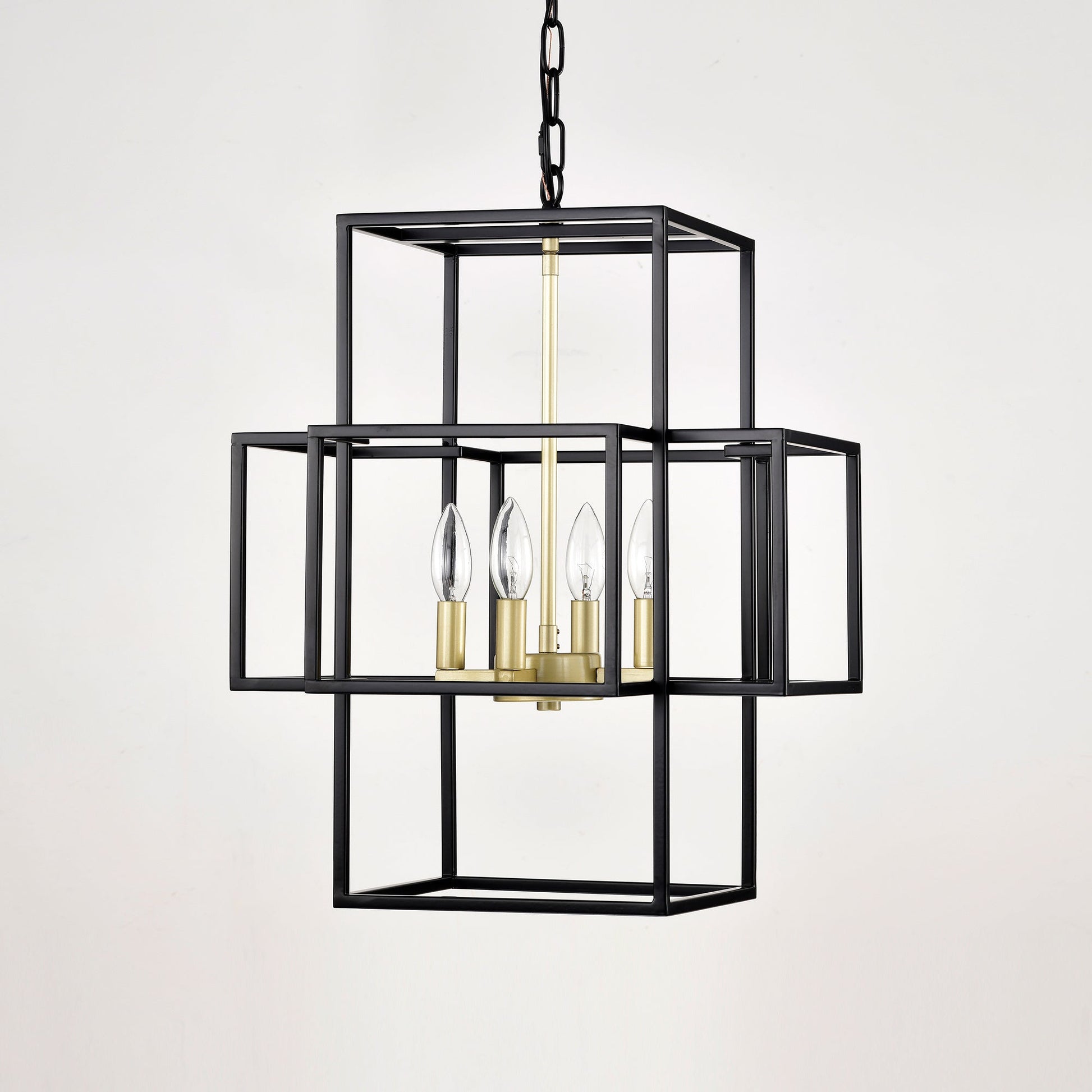 4-Light Metal Lantern Tiered Pendant Hanging Light Fixtures -Matte Black & Gold Inkedjoy