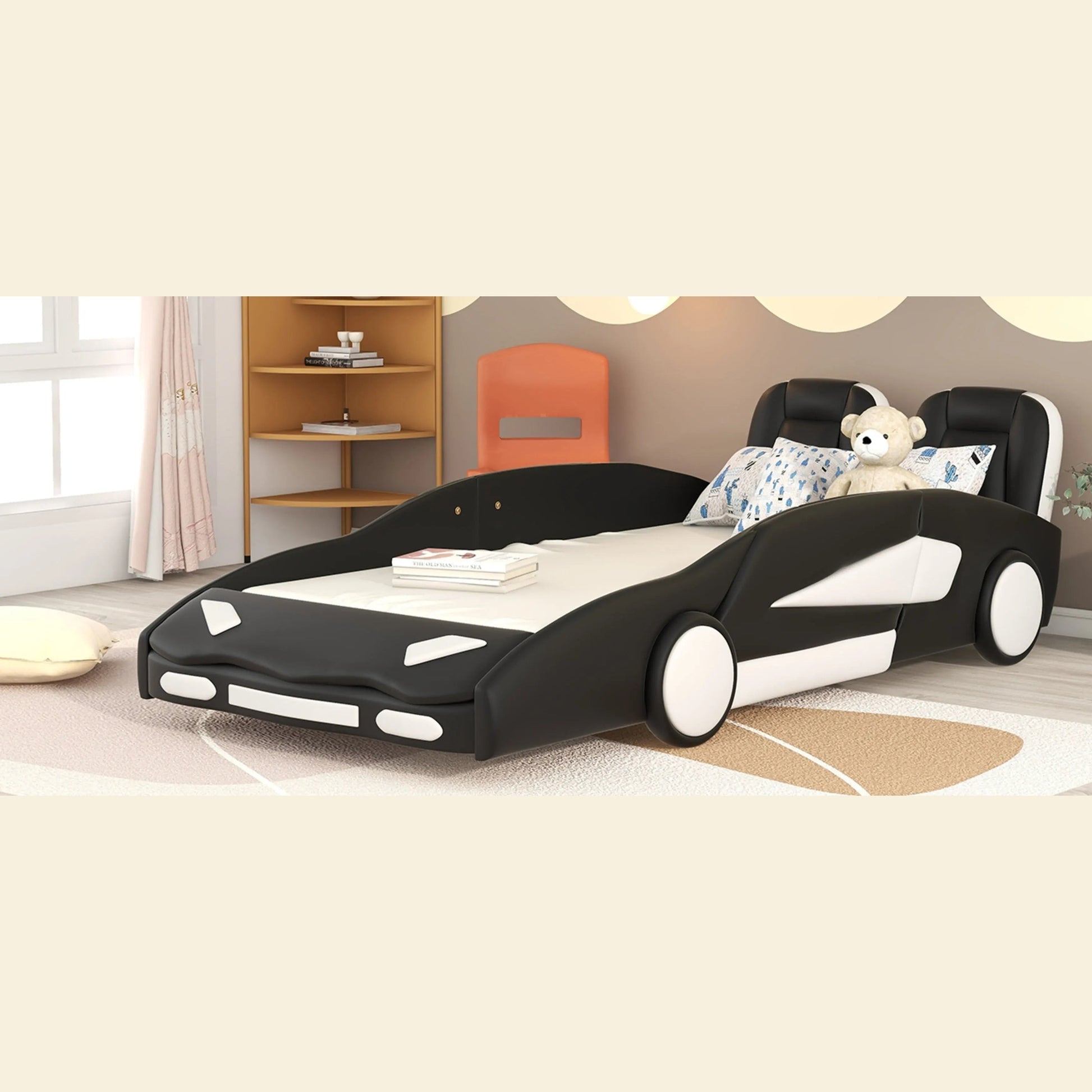 Twin Size Race Car-Shaped Platform Bed With Wheels, Black My Store