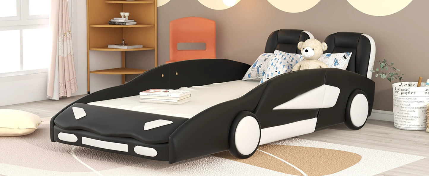 Twin Size Race Car-Shaped Platform Bed With Wheels, Black My Store
