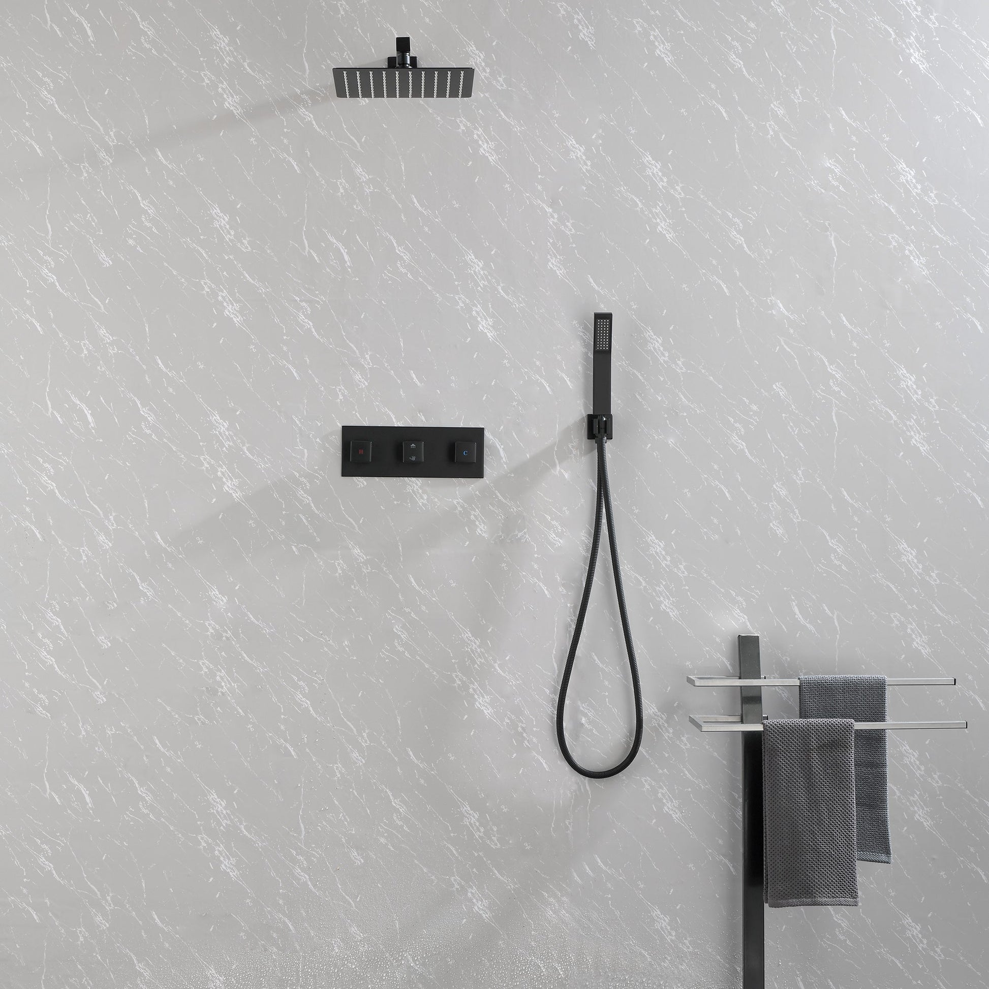 Brass Matte Black Shower Faucet With 10 Inch Shower Head And Handheld Spray Inkedjoy