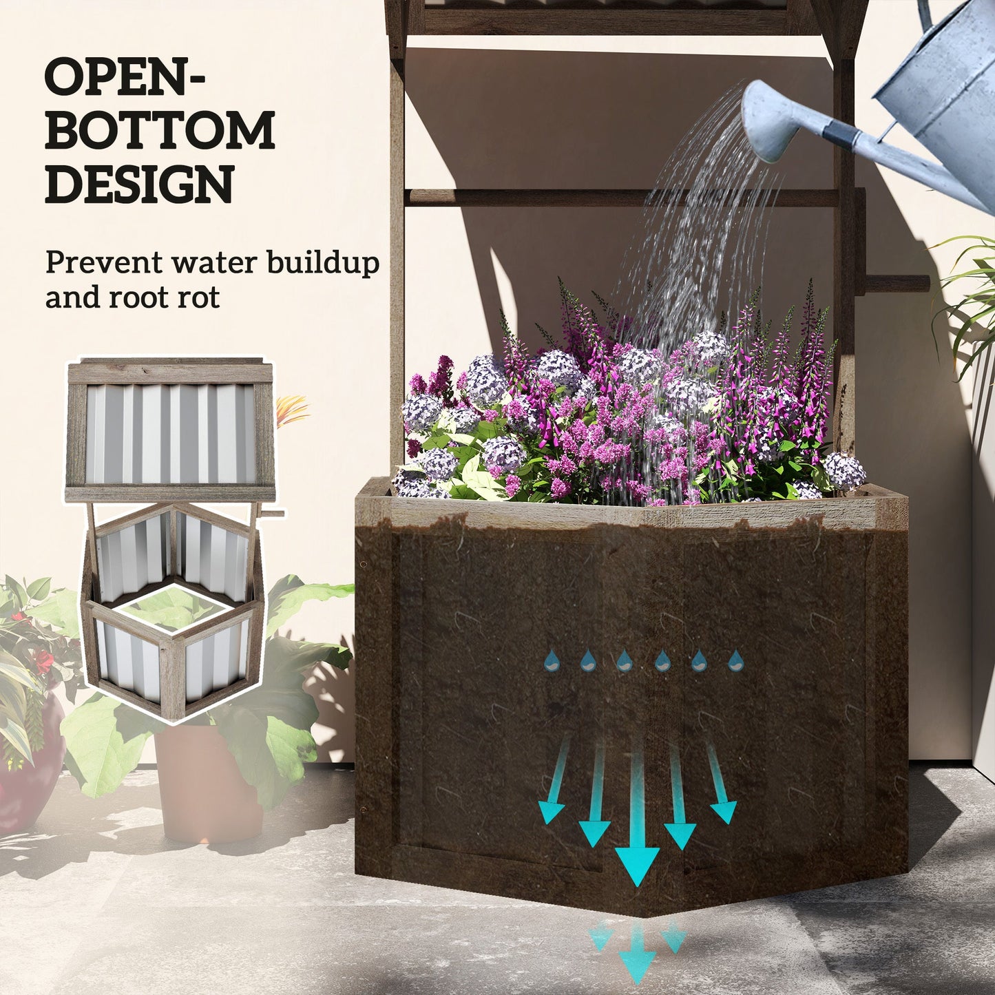 Wooden Wishing Well Planter, Raised Garden Bed With Galvanized Canopy, Hexagon- Light Gray Inkedjoy