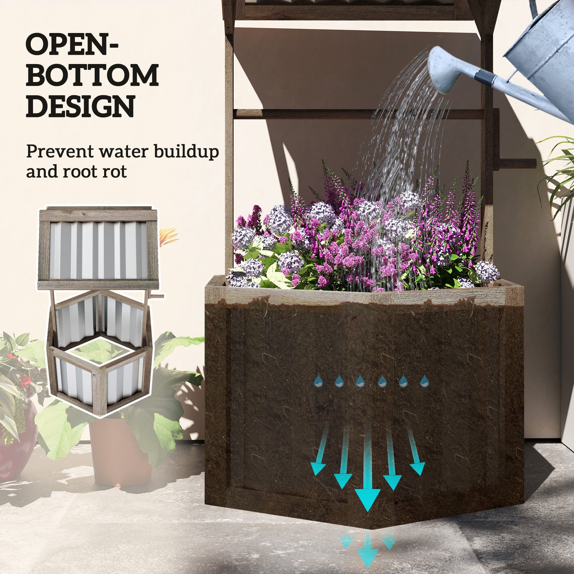 Wooden Wishing Well Planter, Raised Garden Bed With Galvanized Canopy, Hexagon- Light Gray Inkedjoy