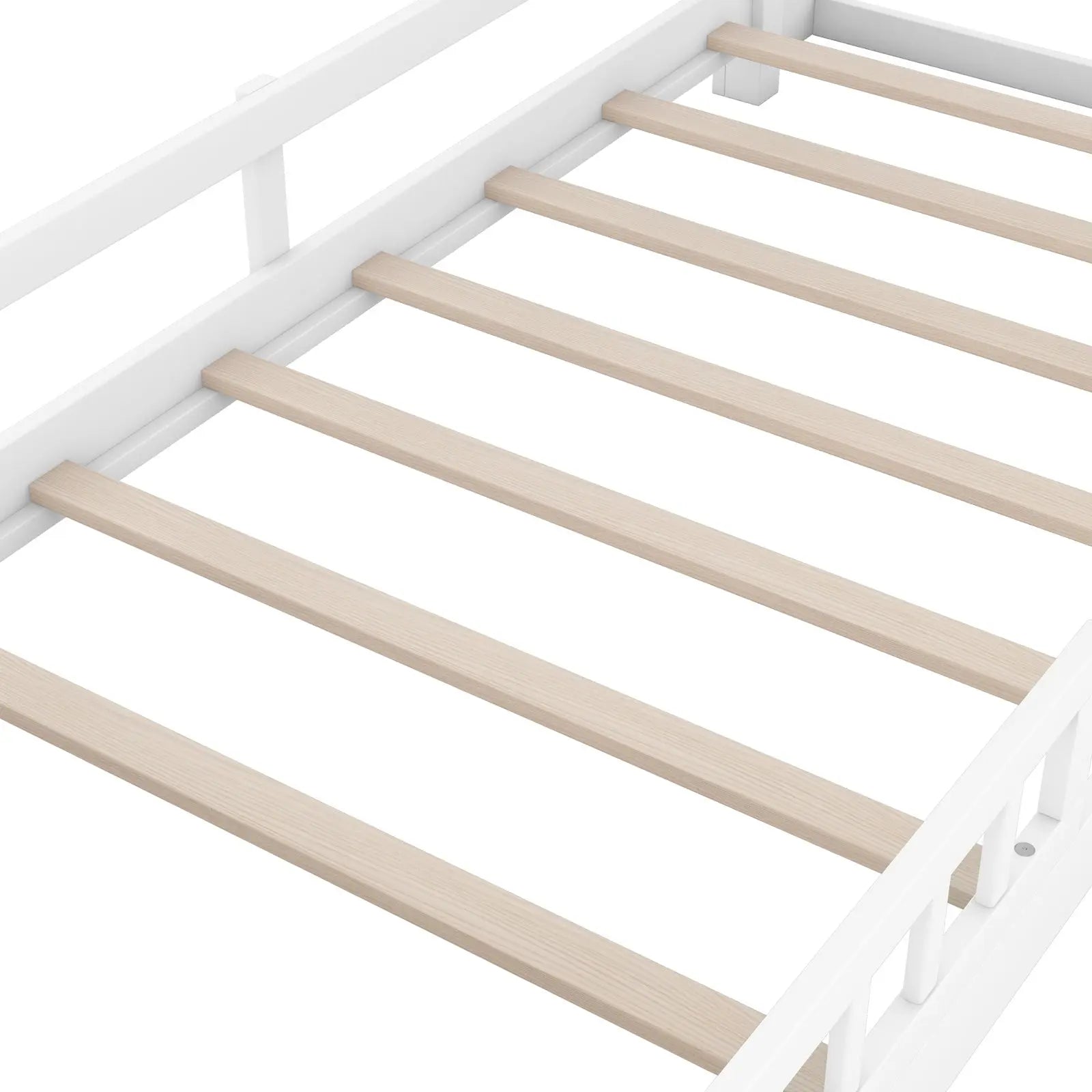 Twin Size Wood Platform Bed With LED, Storage Headboard & Guardrail, White My Store