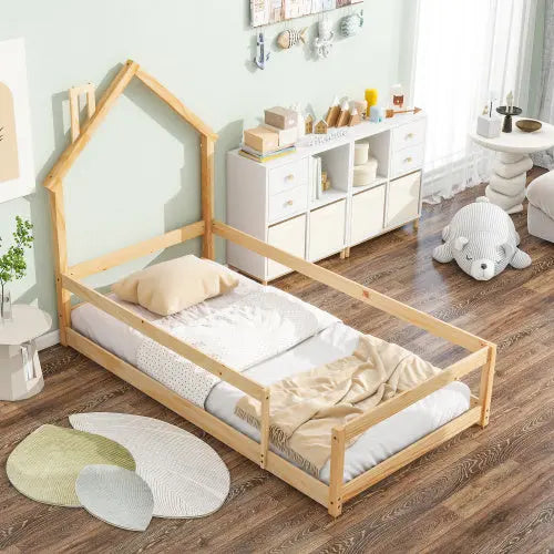Twin Size Wood Bed With House-shaped Headboard Floor Bed With Fences,Natural My Store