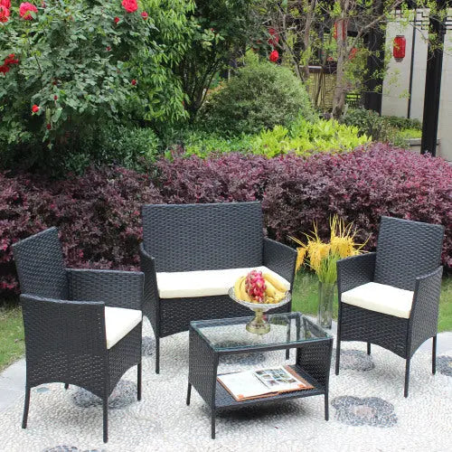 4 PC Rattan Patio Furniture Set Outdoor Patio Cushioned Seat Wicker Sofa Beige Cushion My Store