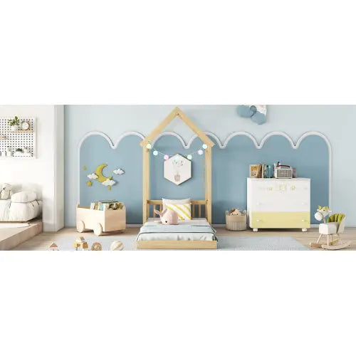 Twin House-shaped Roof Headboard Floor Bed,,without Slats,Natural My Store